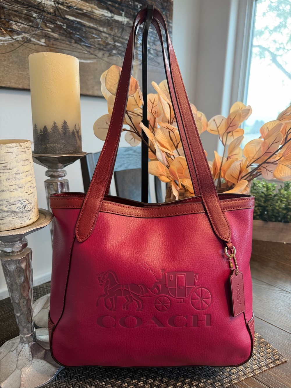 Coach Tote 27 Magenta Color Block Leather Tote with Horse and Carriage